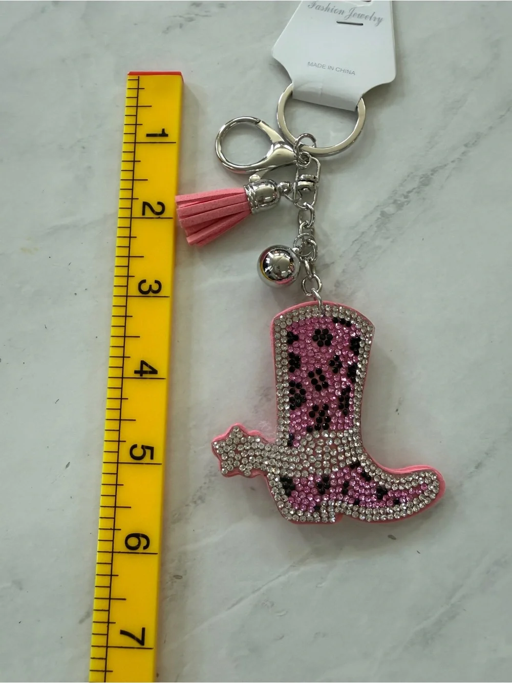 NWT Pink Leopard Rhinestone Cowgirl Boot Keychain & Bag Charm with Tassel